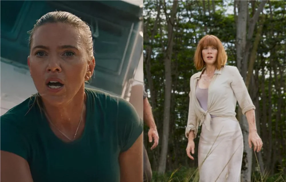 Scarlett Johansson e Bryce Dallas Howard em filmes diferentes da franquia Jurassic World (Crédito: Montagem/Universal Studios)