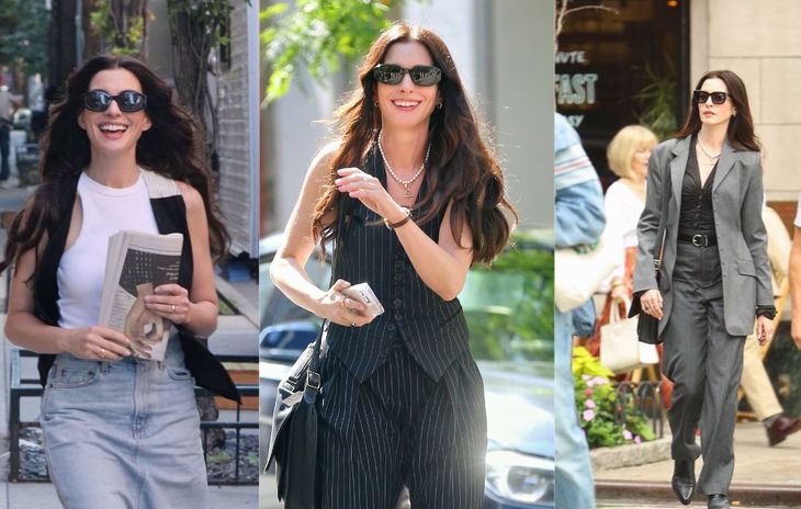 Anne Hathaway gravando \\\'O Diabo Veste Prada 2\\\' em Nova York (Crédito: Reprodução/Montagem)