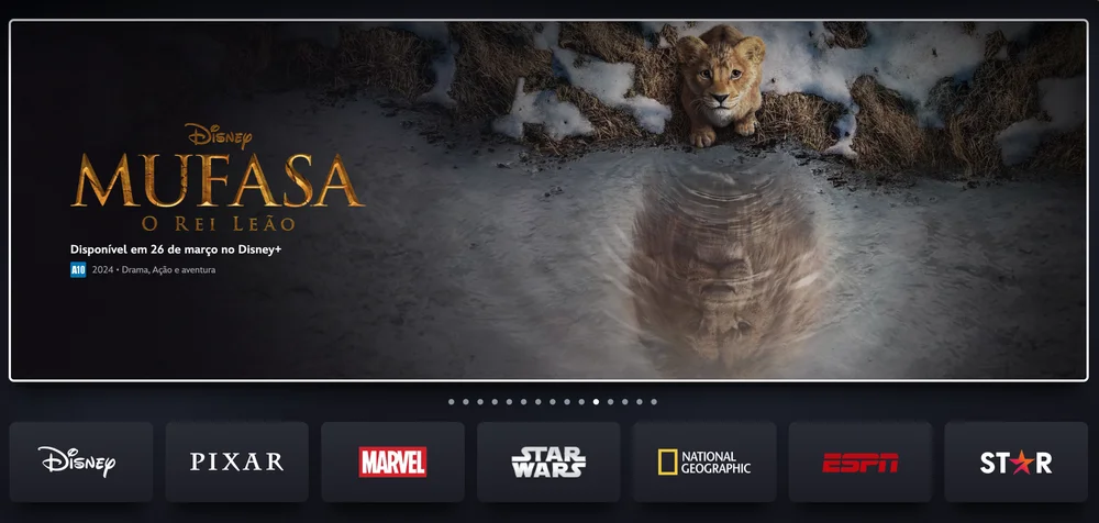Página inicial do Disney+, com o banner de anúncio da chegada de Mufasa: O Rei Leão à plataforma – Reprodução/Disney+