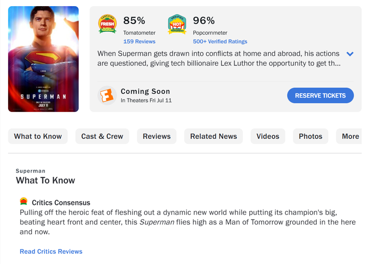 Superman com aprovação de 96% do público que já assistiu ao longa-metragem nas sessões antecipadas (Crédito: Reprodução/Rotten Tomatoes)
