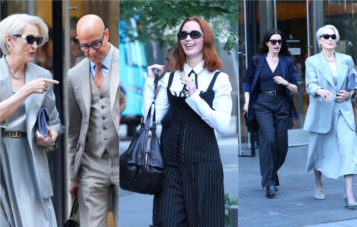 Meryl Streep, Anne Hathaway, Emily Blunt e Stanley Tucci reunidos no set de filmagens de O Diabo Veste Prada 2 (Crédito: Montagem/20th Century Studios)