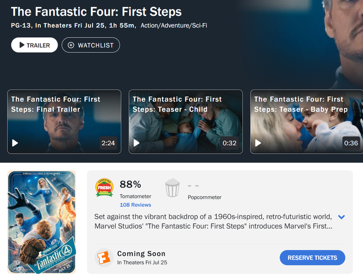 Aprovação de Quarteto Fantástico: Primeiros Passos é de 88% e longa-metragem ganha selo Fresh da plataforma. (Crédito: Reprodução/Rotten Tomatoes)