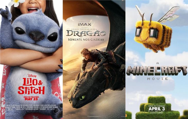 Lilo & Stitch, Como Treinar o Seu Dragão e Um Filme Minecraft foram os campões de bilheteria e os principais responsáveis pela alta nos números. (Crédito: Montagem/Divulgação)