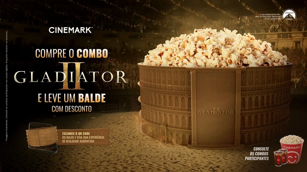 Balde colecionável de Gladiador II da Cinemark – Cinemark/Paramount Pictures/Divulgação.