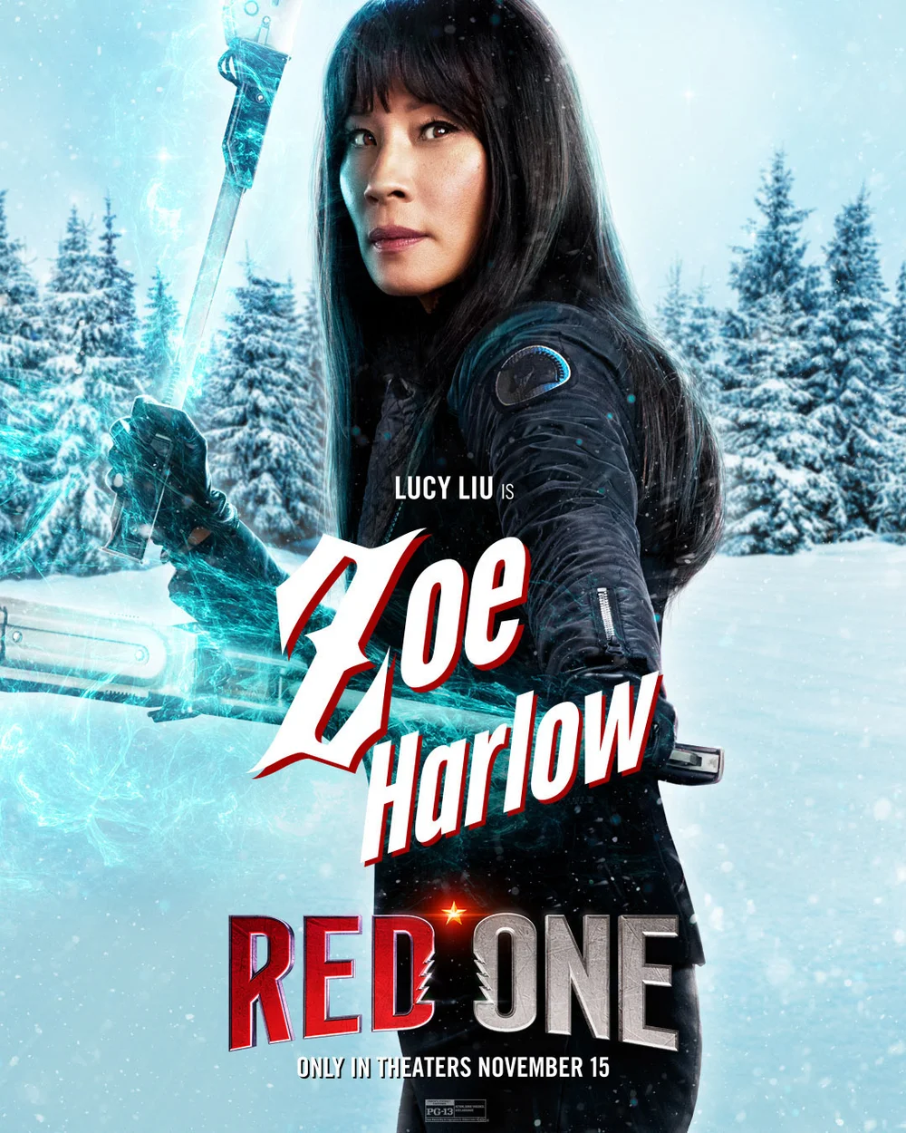 a woman holding a sword in a snowy landscape